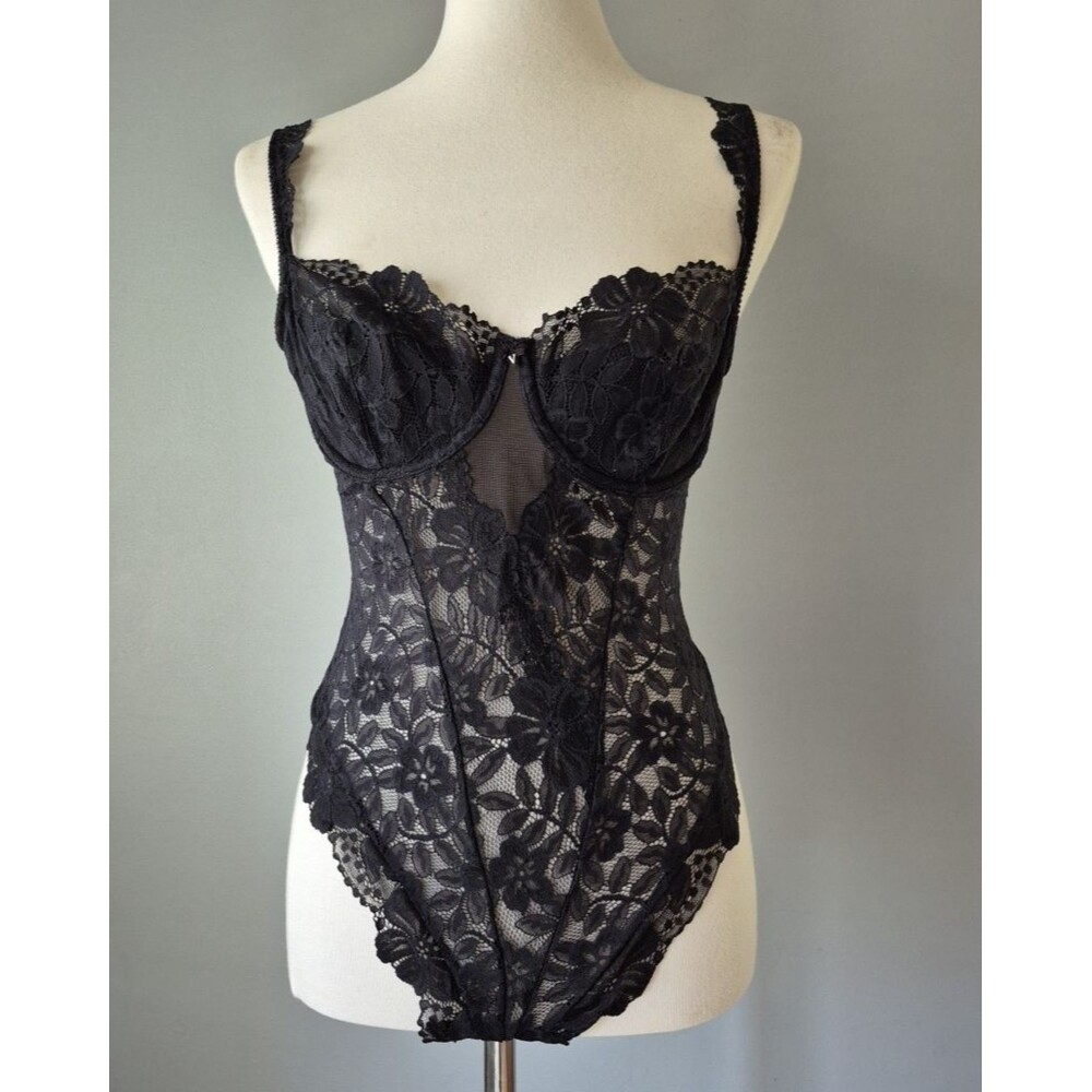 Victorias Secret Vintage Y2K Black Floral Lace Mesh Thong Bodysuit Womens 36C